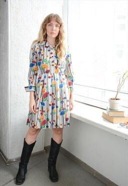 Vintage 70's White Patterned Midi Long Sleeved Dress