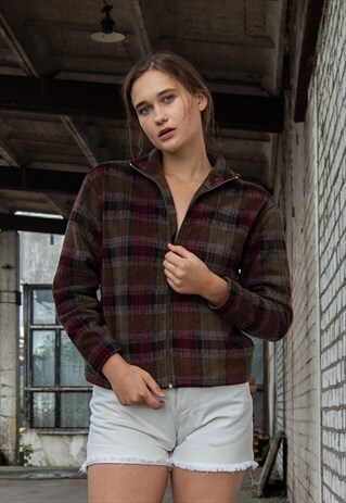 VINTAGE RETRO BROWN ZIP CHECKED FLANNEL JUMPER JACKET