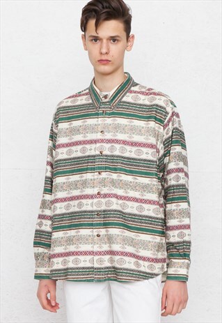 VINTAGE WHITE GREEN RED FLANNEL LONG SLEEVE SHIRT