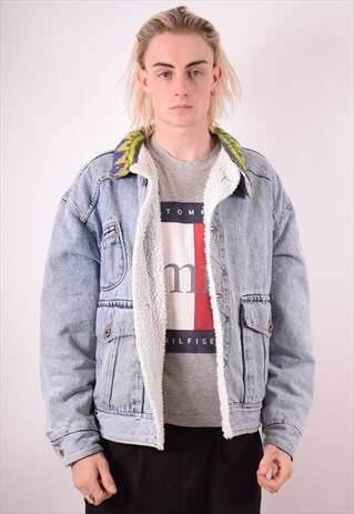 CARRERA MENS VINTAGE SHERPA DENIM JACKET LARGE BLUE 90S
