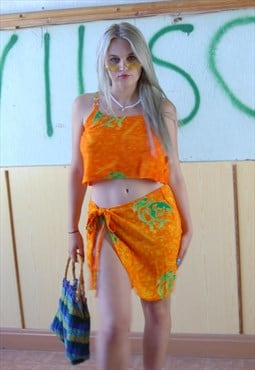 Vintage y2k floral print boho skirts blouse beach in orange 