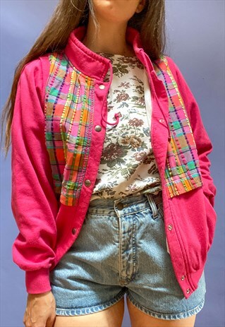 VINTAGE 80'S PINK CHECKED SWEAT JACKET - S/M