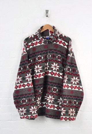 VINTAGE FLEECE 1/4 ZIP 80S AZTEC PATTERN GREY/RED XL