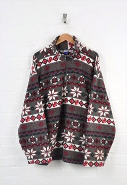 Vintage Fleece 1/4 Zip 80s Aztec Pattern Grey/Red XL