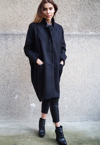 BLACK COAT/WOOL CASHMERE COAT/WINTER/EXTRAVAGANT/F1194