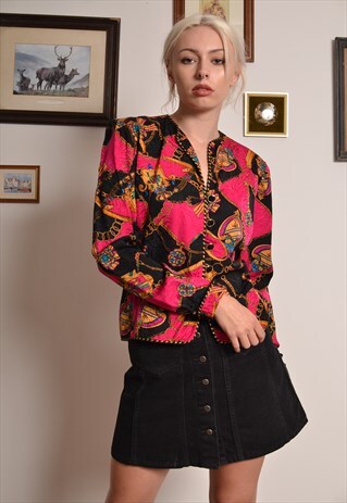 VINTAGE 80S SATIN BLOUSE JACKET IN PINK CHAIN PATTERN