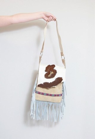 VINTAGE 1970'S FRINGED COW PRINT SUEDE SHOULDER BAG