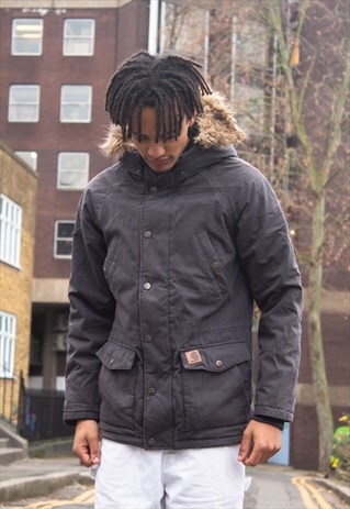 VINTAGE 90'S CARHARTT LEATHER LOGO PARKA JACKET IN BLACK