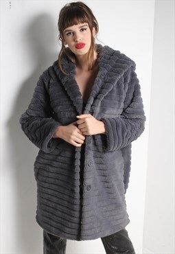 Vintage Faux Fur Teddy Coat Hooded Jacket Grey