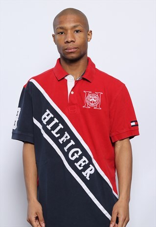 VINTAGE TOMMY HILFIGER SPELL OUT LOGO POLO T-SHIRT RED