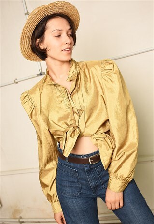 80'S RETRO PARIS CHIC SHIMMER PUFF SLEEVE BLOUSE TOP