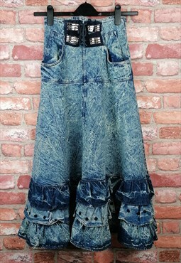 Vintage 80s Blue Acid Denim High Waisted Long Maxi Skirt