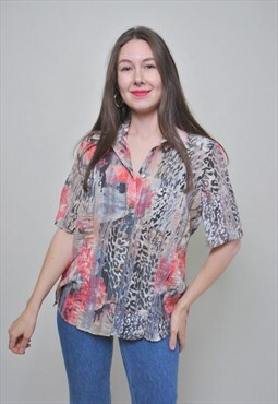 Y2K pattern shirt, women vintage blouse with leopard print