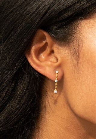 WOMEN'S LONG DROP STUD EARRINGS WITH WHITE STONES - GOLD