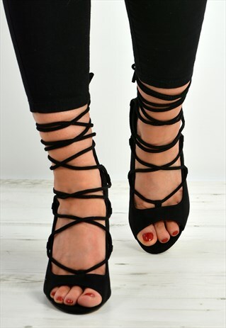 BLACK LACE UP ANKLE STRAP WOMENS STILETTO SANDALS SHOES