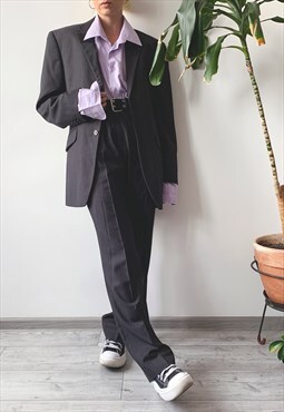 Vintage 90s Black Pinstripe Oversized Unisex Suit Set Co-ord