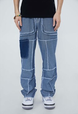 Inverted cargo jeans big pocket denim check pants in blue