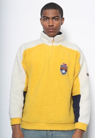 VINTAGE NAPAPIJRI 1/4 ZIP FLEECE YELLOW WHITE BLUE
