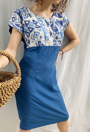 VINTAGE 80S ABSTRACT PRINT HAUTE BOHEME CHIC MIDI DRESS