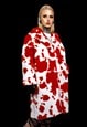 COW PRINT FAUX FUR LONG COAT HOODED SPOT PRINT TRENCH JACKET