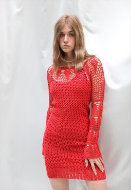 Vintage Y2K Festival Crochet Mini Dress Long Sleeve Red XS