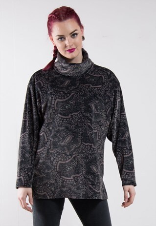 90'S PAISLEY PATTERN VELVET POLO ROLL NECK TOP JUMPER