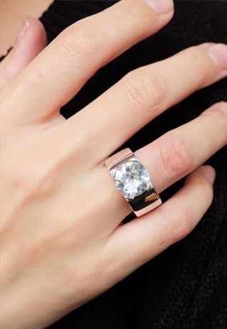 Round White Cubic Zirconia Statement Solid Ring 925 Silver