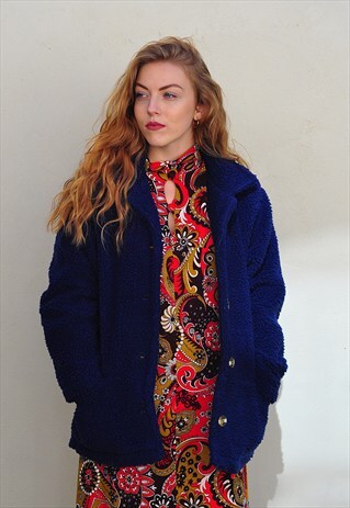 VINTAGE GRUNGE BLUE OVERSIZE FAUX FUR JACKET