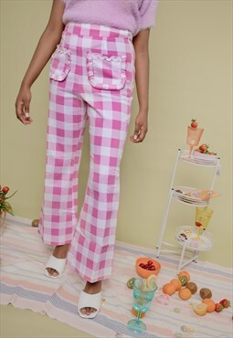Pink Gingham Flare Pants with Frill Pockets