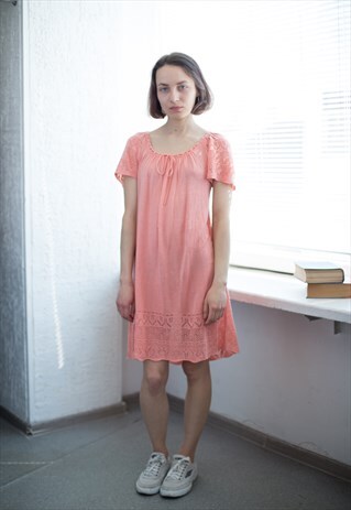 VINTAGE 80'S SALMON PINK KNITTED SHORT SLEEVED DRESS