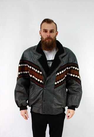 VINTAGE 80'S DARK GRAY LEATHER JACKET FITH FURRY COLAR