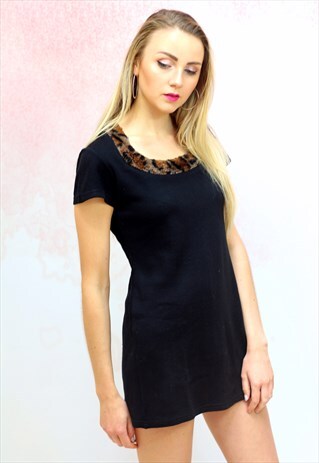 1990S VINTAGE BLUE BLACK LEOPARD PRINT COLLAR MINI DRESS