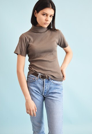 90'S RETRO MINIMALIST GRUNGE RIBBED KNIT TURTLENECK TOP