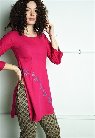 VINTAGE 90S RETRO BOHO HIPPIE FLORAL SARI TUNIC TOP PINK