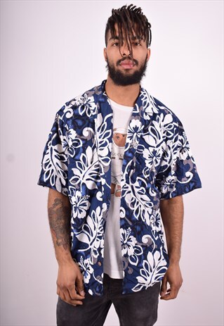 MENS VINTAGE HAWAIIAN SHIRT LARGE BLUE 90'S