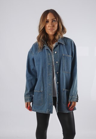 VINTAGE DENIM JACKET OVERSIZED LONGLINE UK 14 LARGE (G82W)