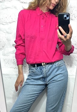 80s Rich Pink Cotton Casual Blouse - One Size