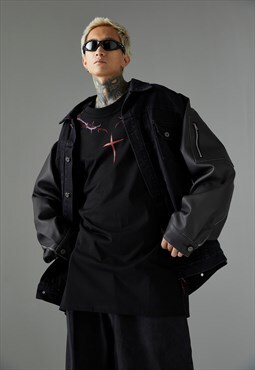 Faux leather sleeves denim jacket gorpcore bomber punk coat