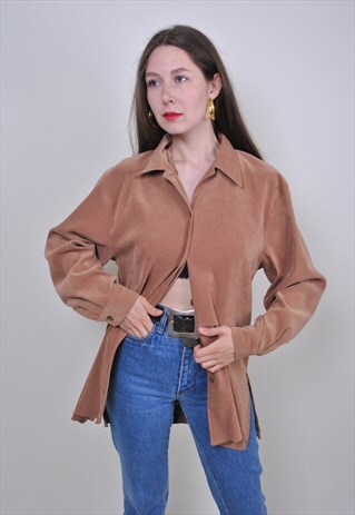 80S BROWN CASUAL BLOUSE, VINTAGE OVERSIZE MINIMALIST SHIRT