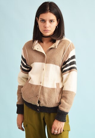 70'S RETRO NEUTRAL STRIPED KNIT CARDIGAN TOP