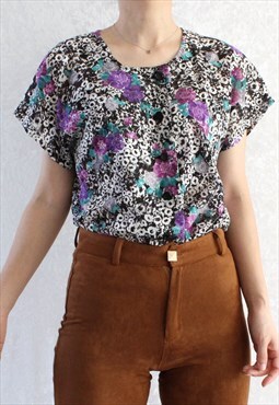 Vintage shirt blouse retro top purple lila flowers T690.3