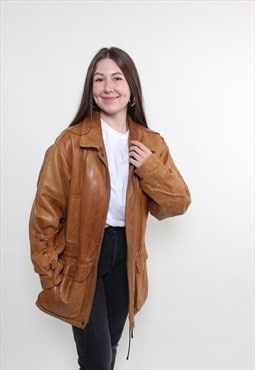 80s brown leather coat, vintage women fall parka jacket