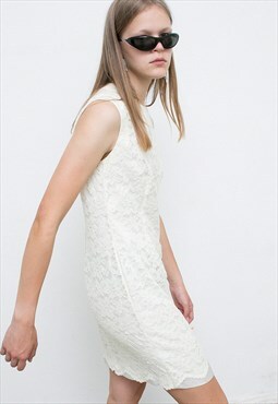 Vintage Lace Dress White Accents Midi Sleeveless Minimalist 