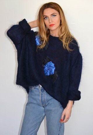 VINTAGE NAVY MOHAIR WOOL OVERSIZED BOHO JUMPER