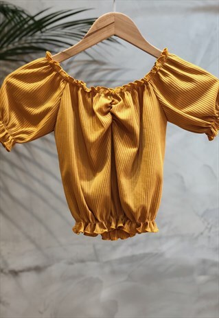 YELLOW SHIRRING FRONT OFF SHOULDER TOP