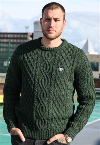 GREEN ARAN CABLE WOOL JUMPER