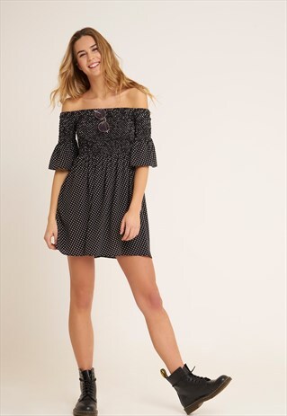 SUBDUED SHIRRED OFF-SHOULDER DRESS