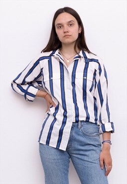 Vintage Pinstriped Shirt Top Blouse White Blue Casual