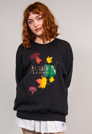 VINTAGE 90'S BLACK WISCONSIN USA AUTUMN LEAF SWEATER JUMPER