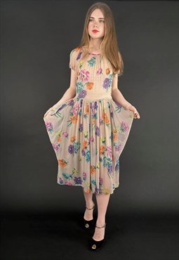 40's Beige Floral Ladies Vintage Sheer Sleeveless Midi Dress